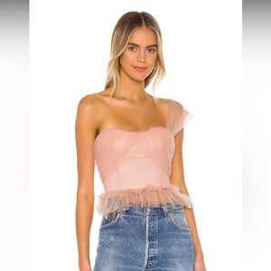NBD Pink One-Shoulder Tulle Bodysuit